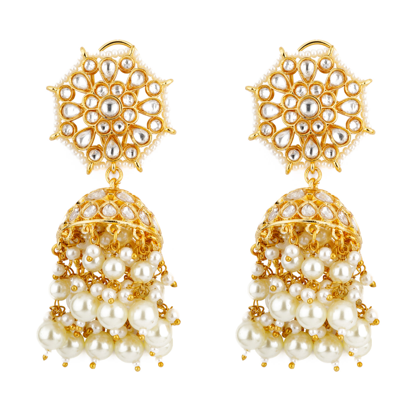 Gold Plated Kundan and Pearls Drop Jhumka Earrings- VE087