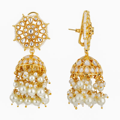 Gold Plated Kundan and Pearls Drop Jhumka Earrings- VE087