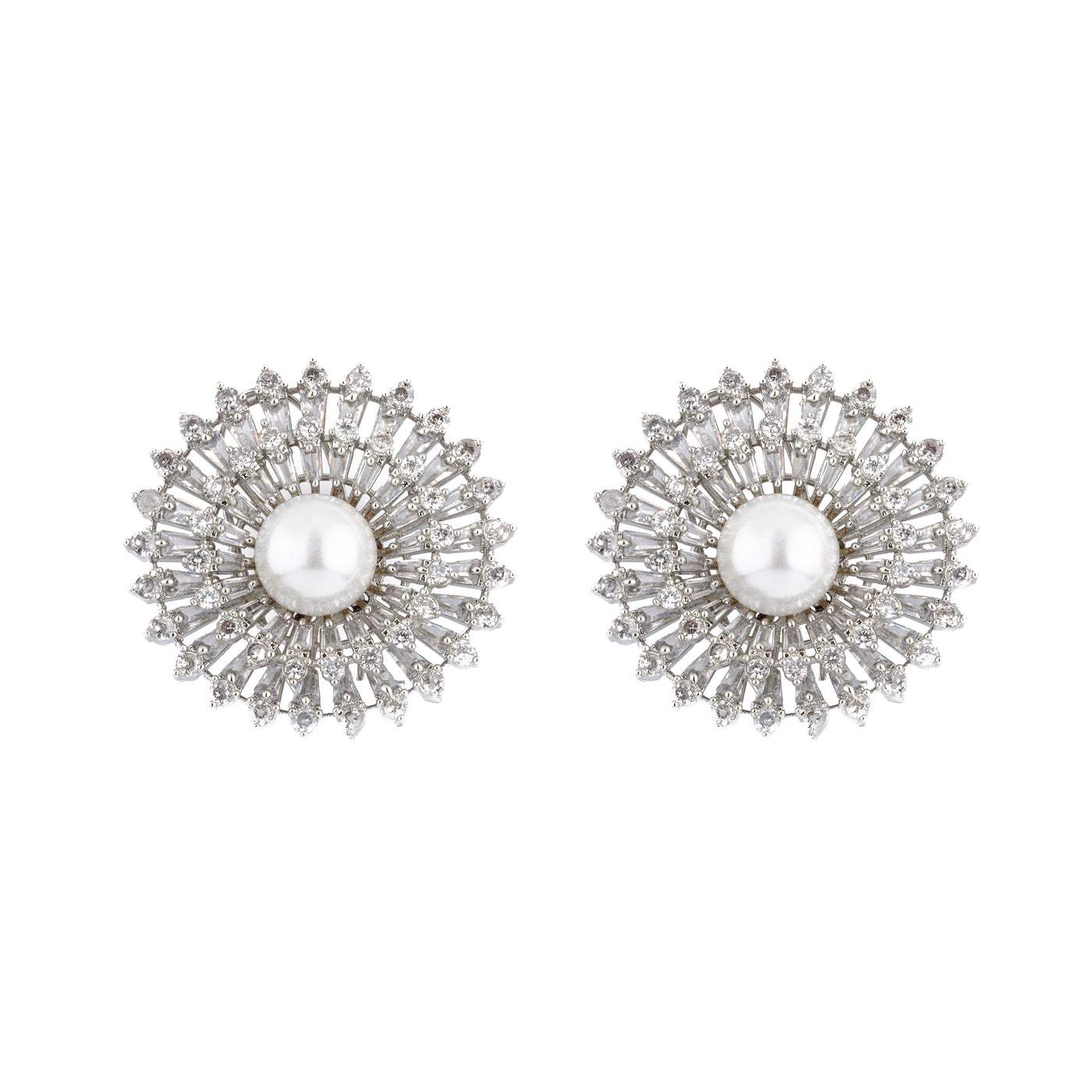 Rhodium Plated Zircon & Pearl Studded Stud Earrings- VE169