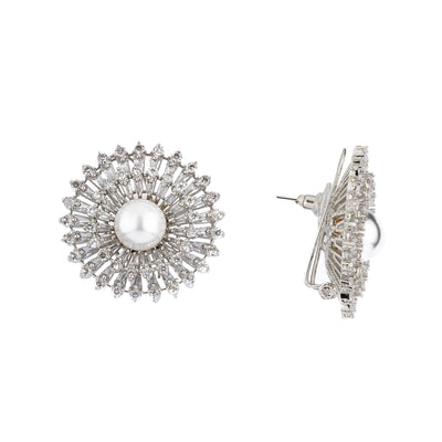 Rhodium Plated Zircon & Pearl Studded Stud Earrings- VE169