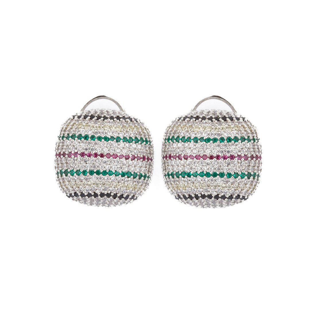 Rhodium Plated Zircon Studed Multi Color Stripes Stud Earrings- VE193