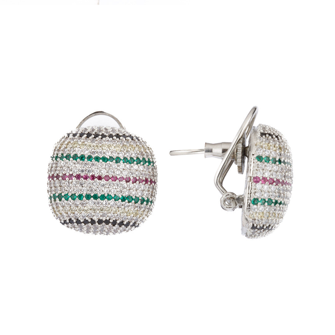 Rhodium Plated Zircon Studed Multi Color Stripes Stud Earrings- VE193