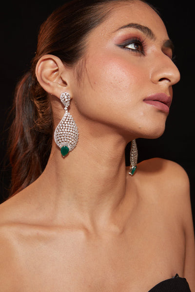 Rhodium Plated Zircon Studded With Green Synthetic Emerald Stone Dangle Earrings-VE212