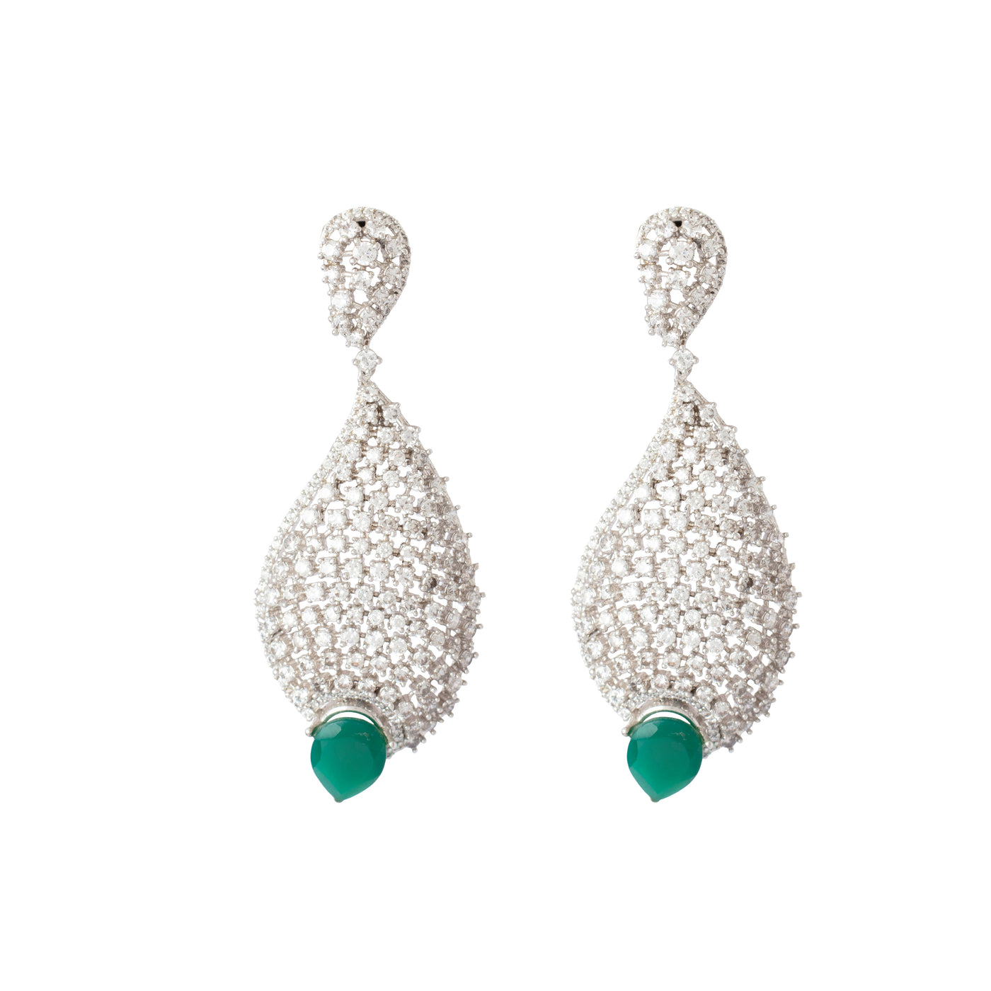 Rhodium Plated Zircon Studded With Green Synthetic Emerald Stone Dangle Earrings-VE212