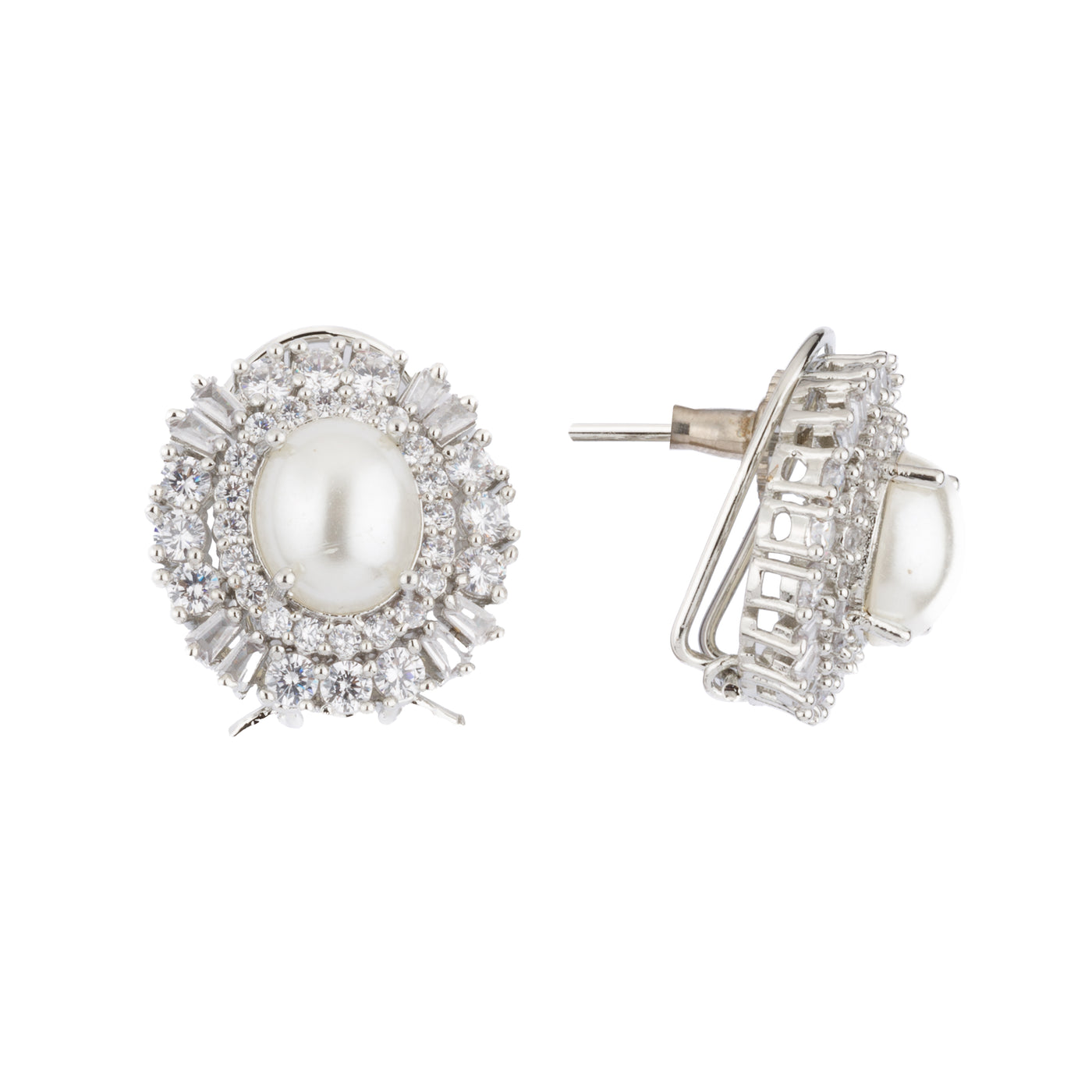 Rhodium Plated Zircon & Pearl Studded Stud Earrings- VE301