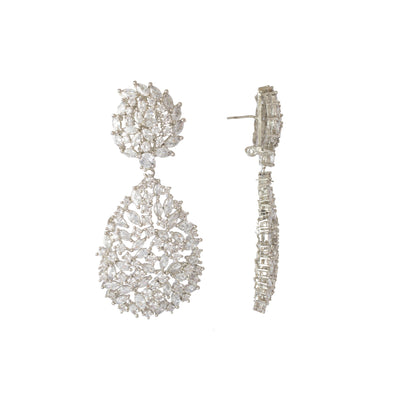 Rhodium Plated Zircon Studded Dangle Earrings-VE338