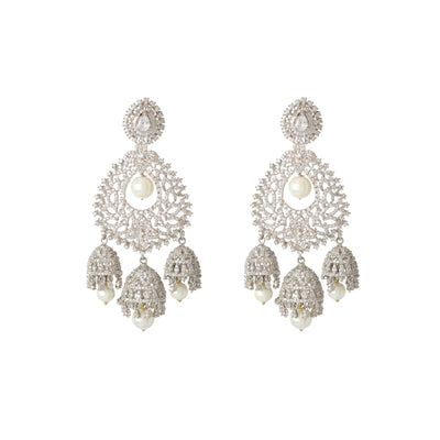 Rhodium Plated Zircon Studded With Pearl Drop Jhumka Dangle Earrings - VE339