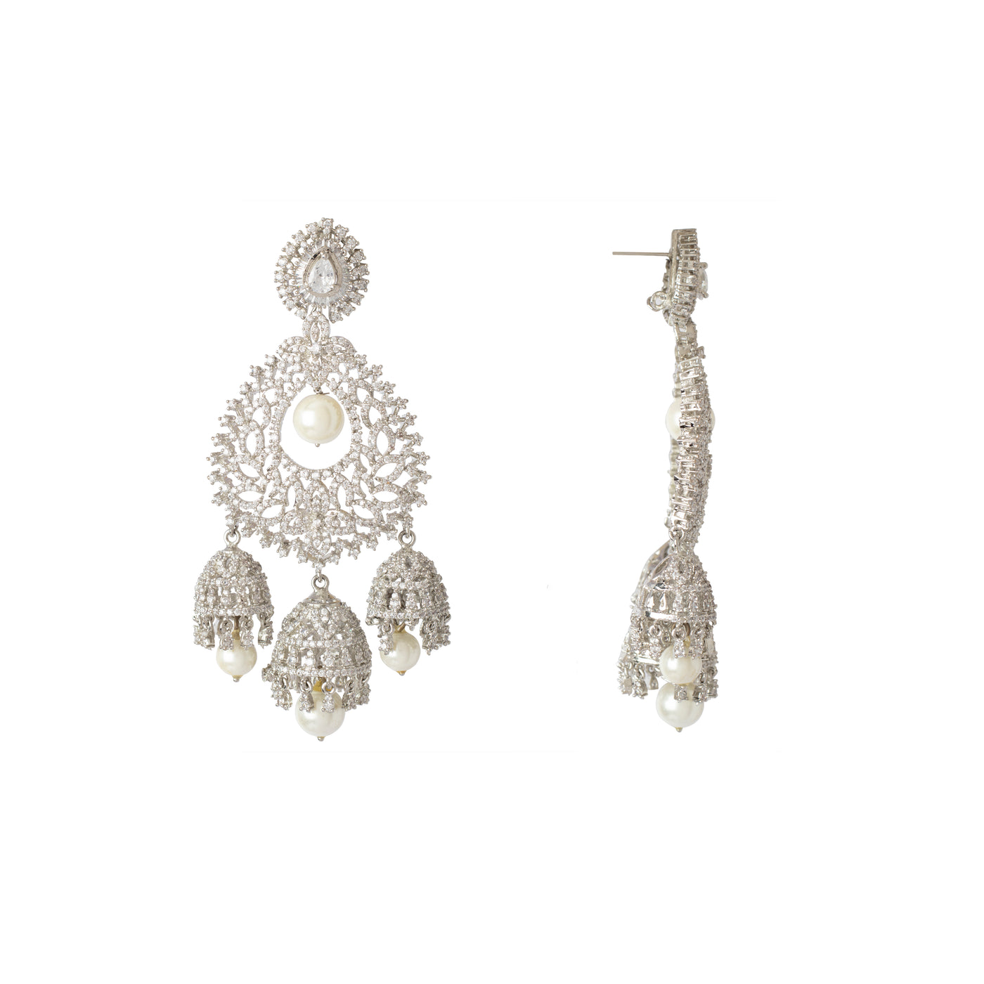 Rhodium Plated Zircon Studded With Pearl Drop Jhumka Dangle Earrings - VE339