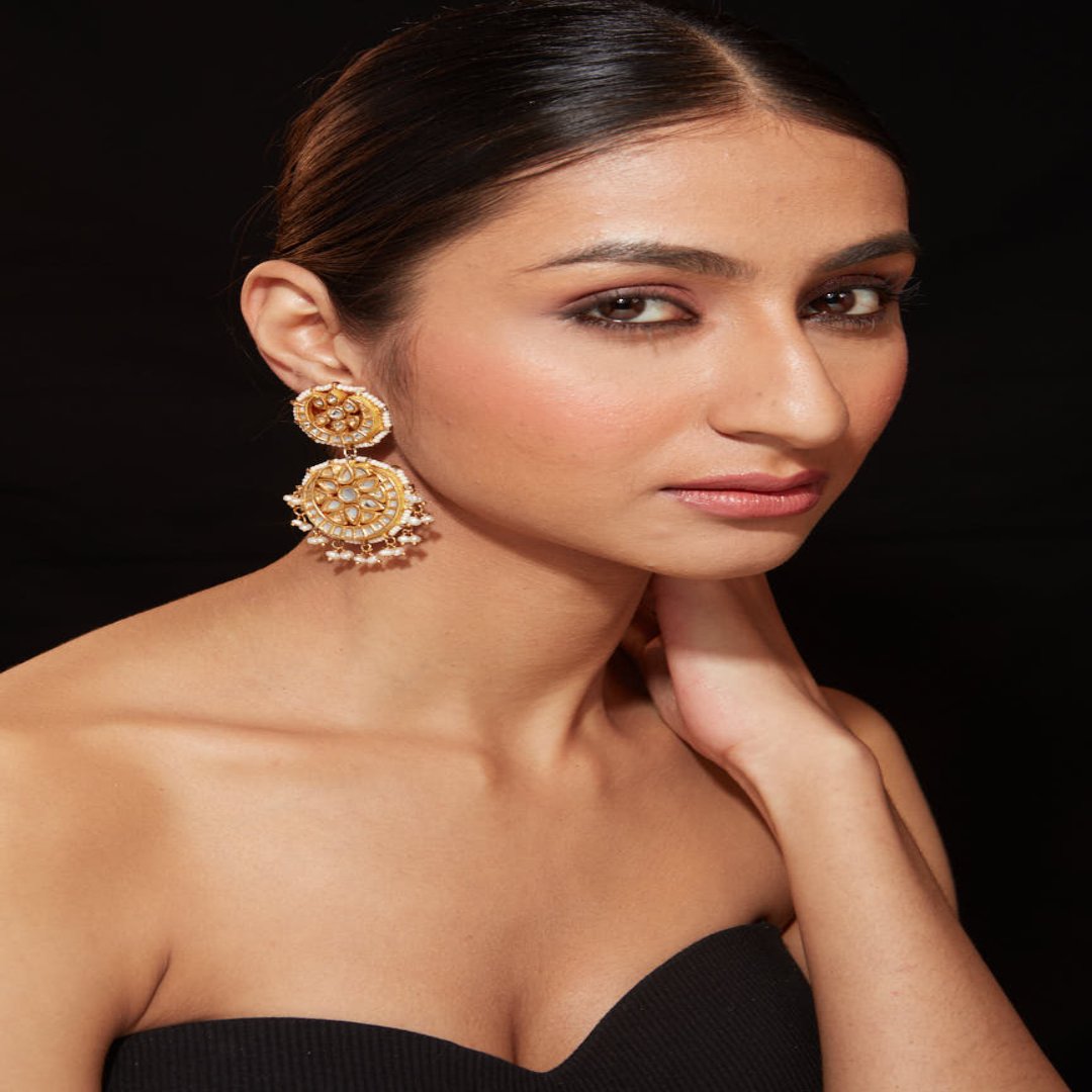 Gold Plated Kundan Studded Double Circle Dangle Earrings- VE342