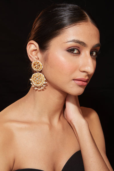 Gold Plated Kundan Studded Double Circle Dangle Earrings- VE342