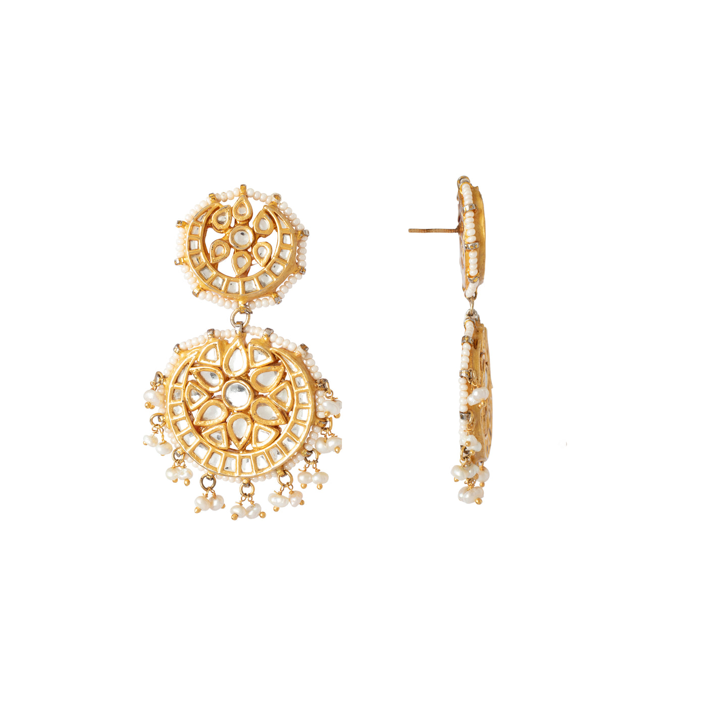 Gold Plated Kundan Studded Double Circle Dangle Earrings- VE342