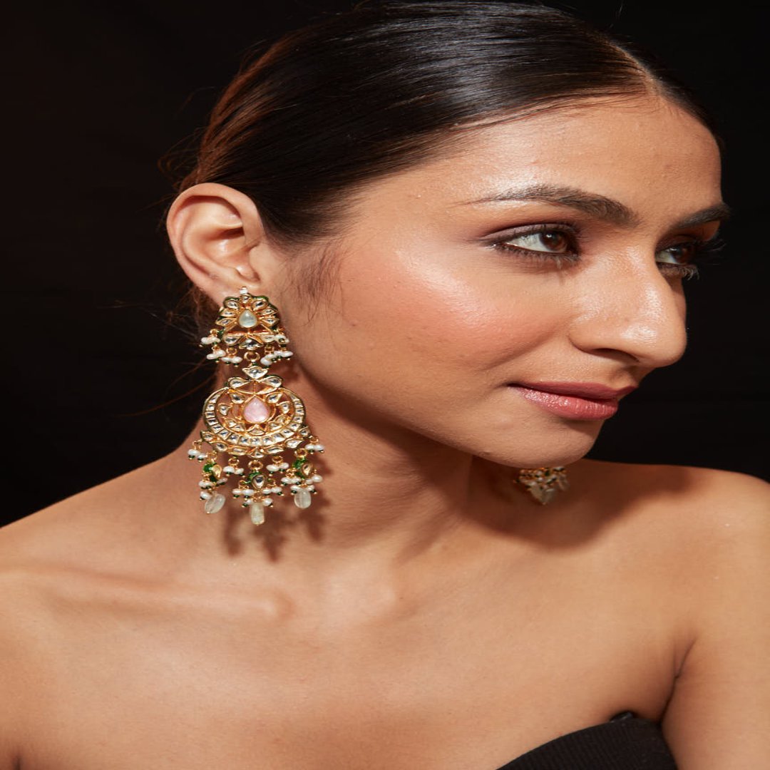 Gold Plated Kundan With Bead Drop Dangle Earrings- VE349