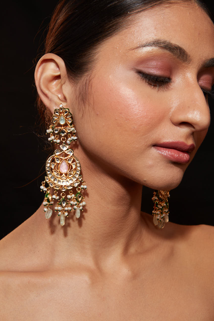 Gold Plated Kundan With Bead Drop Dangle Earrings- VE349