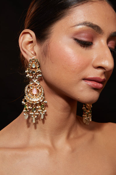 Gold Plated Kundan With Bead Drop Dangle Earrings- VE349