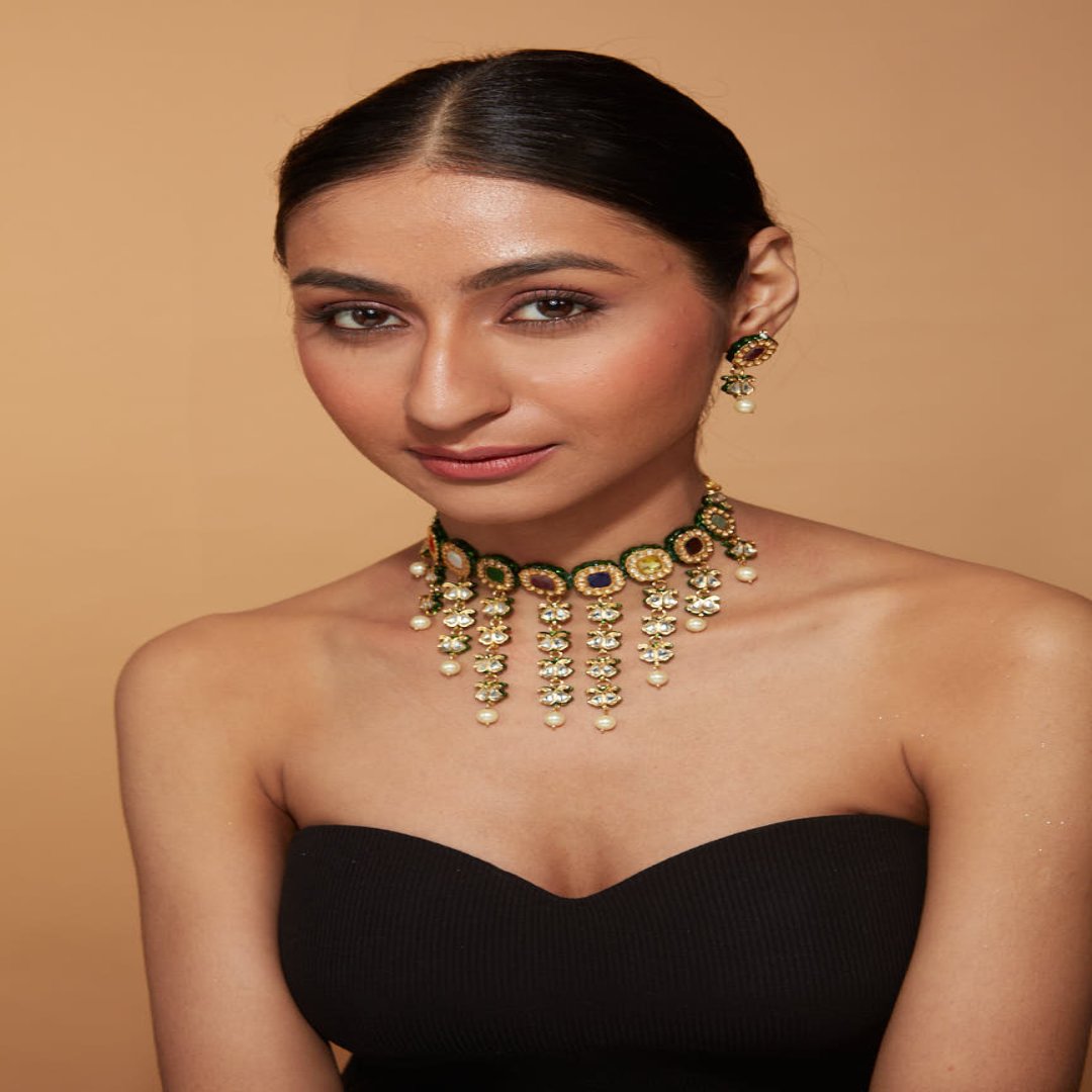 Gold Plated MultiColour Stones Dangling Choker Necklace & Dangle Earrings Set-VN001