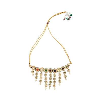 Gold Plated MultiColour Stones Dangling Choker Necklace & Dangle Earrings Set-VN001