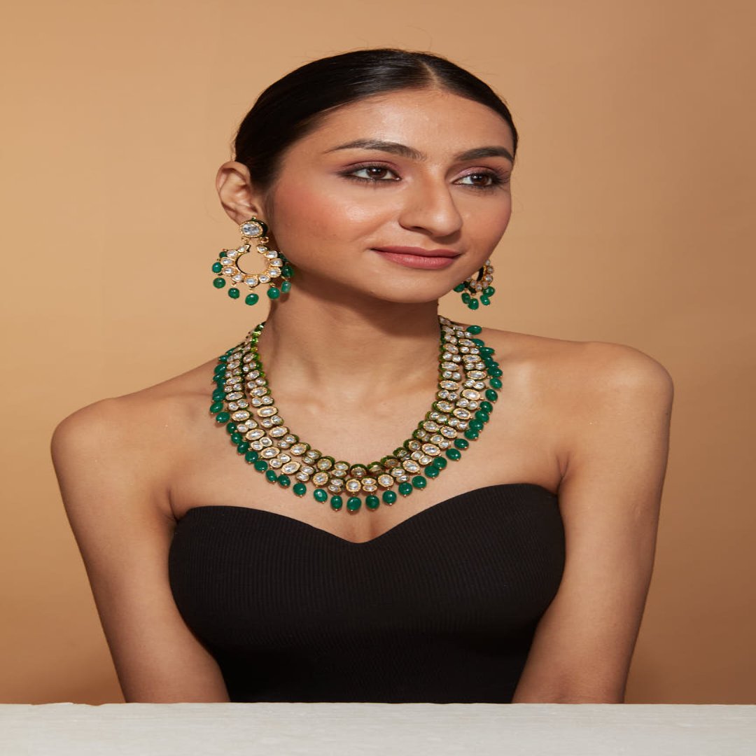 Gold Plated Kundan & Green Beads Drop Necklace & Dangle Earring Set-VN004