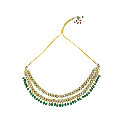 Gold Plated Kundan & Green Beads Drop Necklace & Dangle Earring Set-VN004