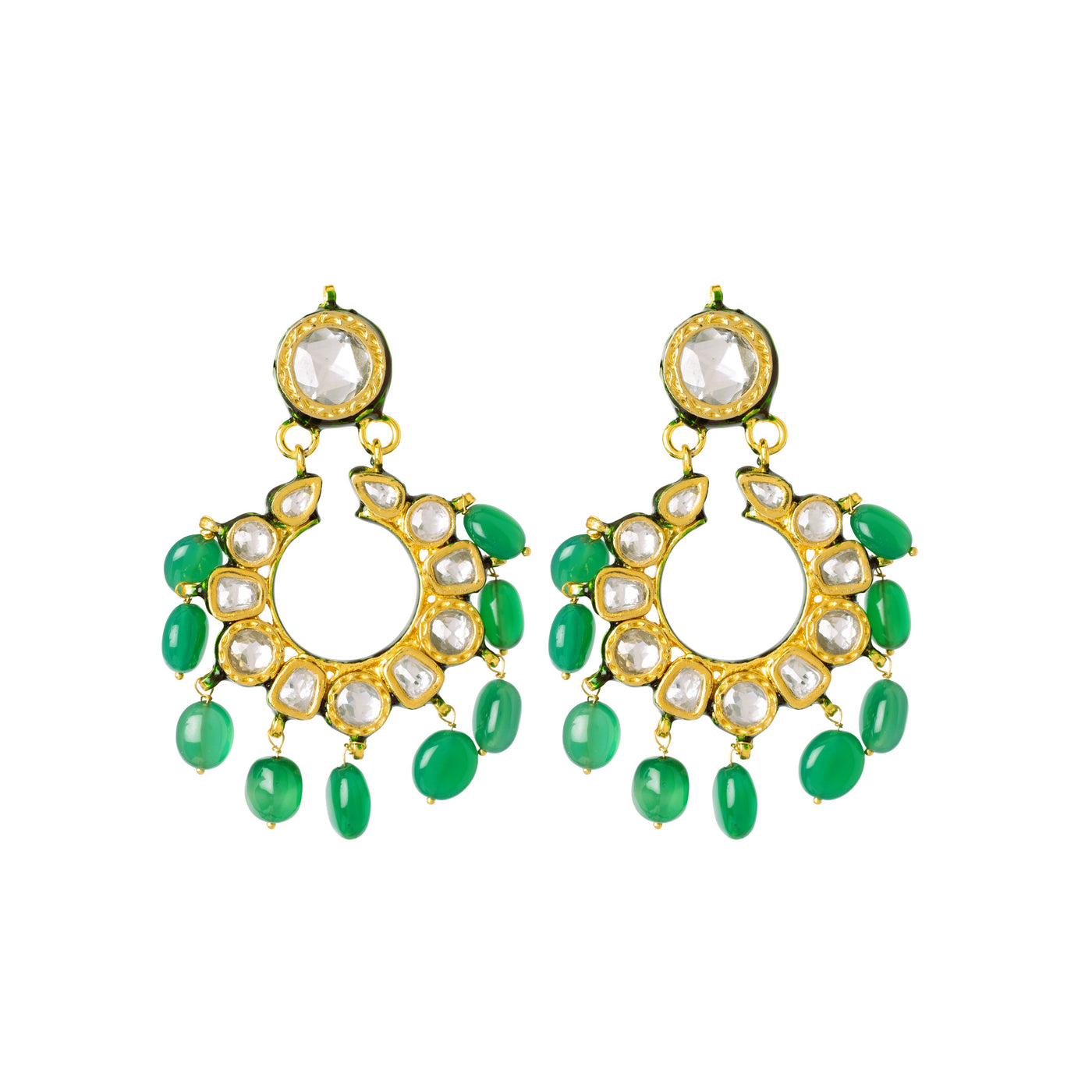 Gold Plated Kundan & Green Beads Drop Necklace & Dangle Earring Set-VN004