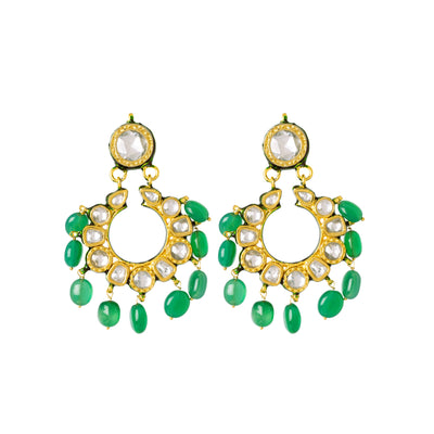 Gold Plated Kundan & Green Beads Drop Necklace & Dangle Earring Set-VN004