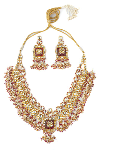 Vivinia By Vidhi Mehra Gold Plated Red Womens Kundan, Polki Necklace Set with Pair of Earrings - VN1003
