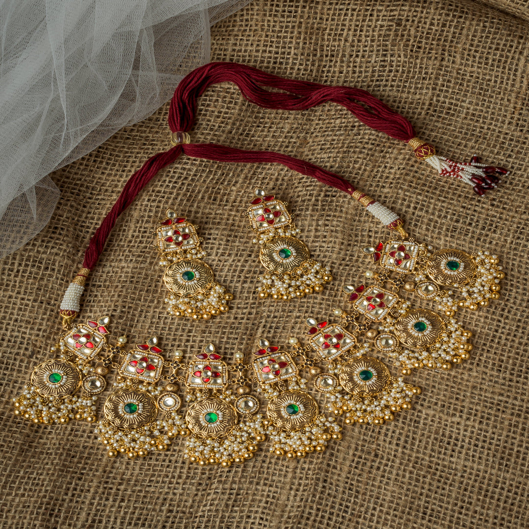 Vivinia By Vidhi Mehra Gold Plated Green Womens Kundan, Polki Necklace Set with Pair of Earrings - VN1006