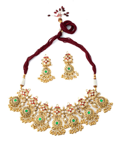 Vivinia By Vidhi Mehra Gold Plated Green Womens Kundan, Polki Necklace Set with Pair of Earrings - VN1006