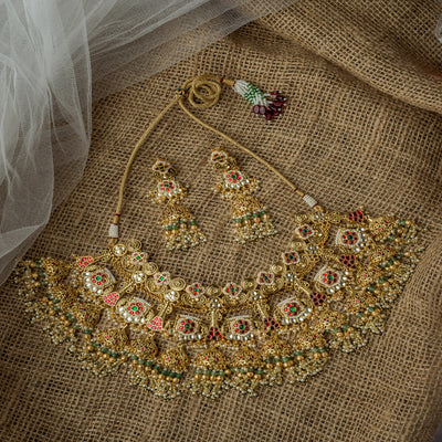 Vivinia By Vidhi Mehra Gold Plated Multicolored Womens Kundan, Polki Necklace Set with Pair of Earrings - VN1016