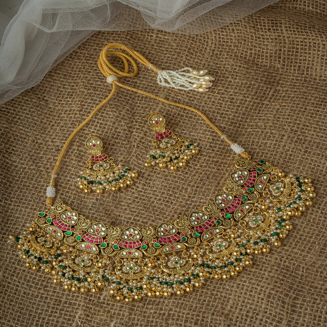 Vivinia By Vidhi Mehra Gold Plated Multicolored Womens Kundan, Polki Necklace Set with Pair of Earrings - VN1020
