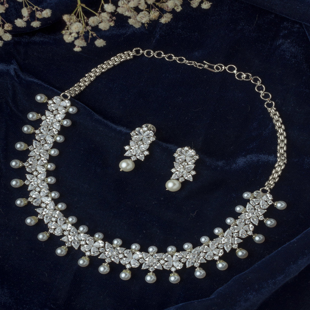 Vivinia By Vidhi Mehra Silver Plated Womens Short Necklace Set with Pair of Earrings - VN1047