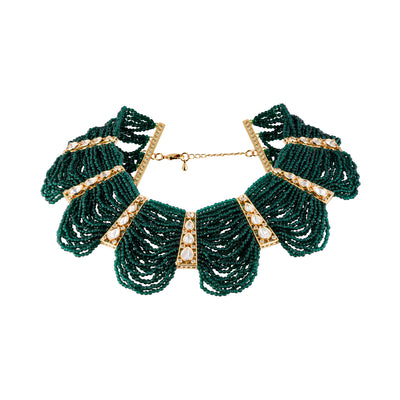 Rhodium Plated Green Beads With Zircon Studded Multi Layered Choker Necklace - VN122