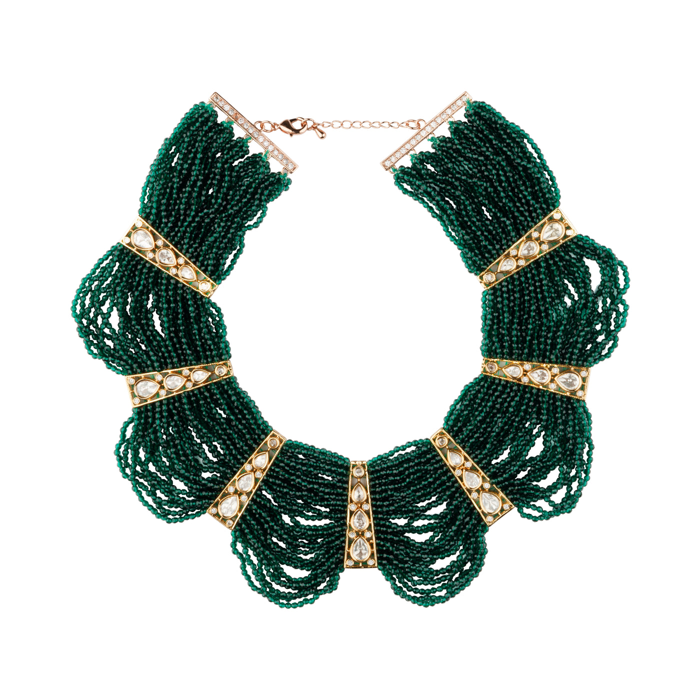 Rhodium Plated Green Beads With Zircon Studded Multi Layered Choker Necklace - VN122