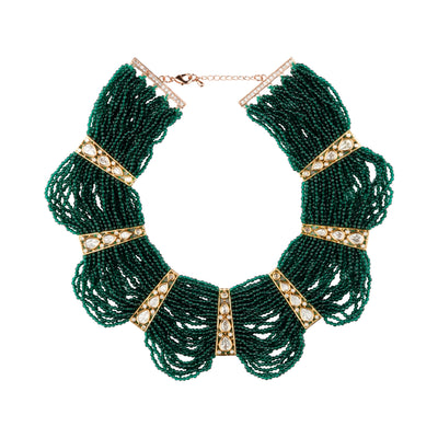 Rhodium Plated Green Beads With Zircon Studded Multi Layered Choker Necklace - VN122