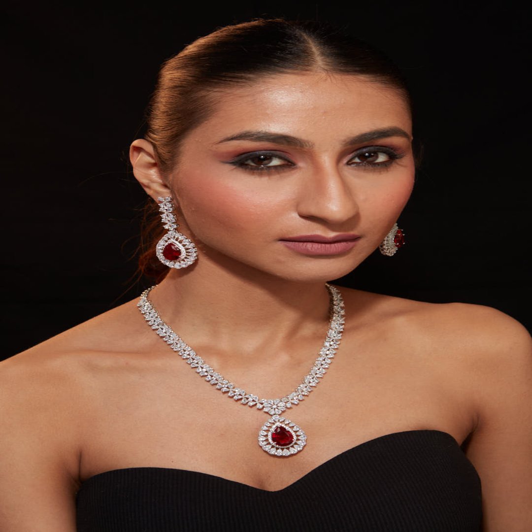 Rhodium Plated Zircon Studded With Red Synthetic Stone Pendant Necklace & Drop Earrings Set - VN247