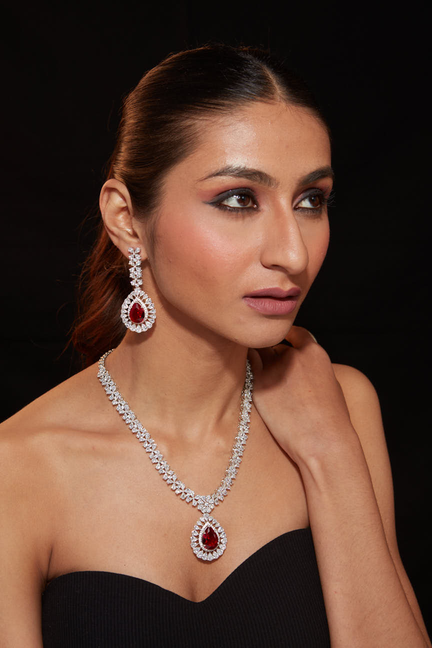 Rhodium Plated Zircon Studded With Red Synthetic Stone Pendant Necklace & Drop Earrings Set - VN247