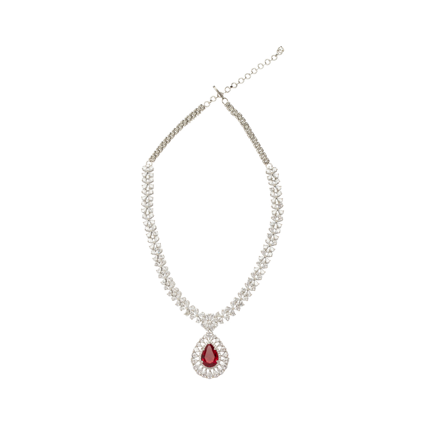 Rhodium Plated Zircon Studded With Red Synthetic Stone Pendant Necklace & Drop Earrings Set - VN247