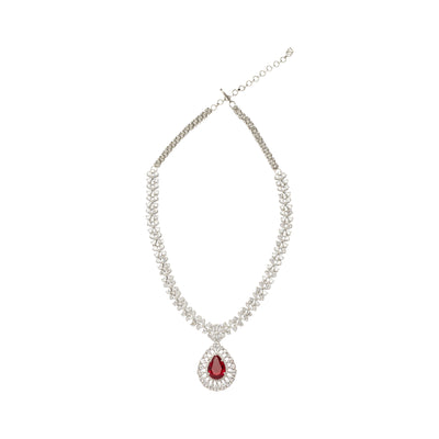 Rhodium Plated Zircon Studded With Red Synthetic Stone Pendant Necklace & Drop Earrings Set - VN247