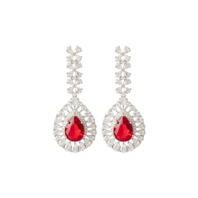 Rhodium Plated Zircon Studded With Red Synthetic Stone Pendant Necklace & Drop Earrings Set - VN247