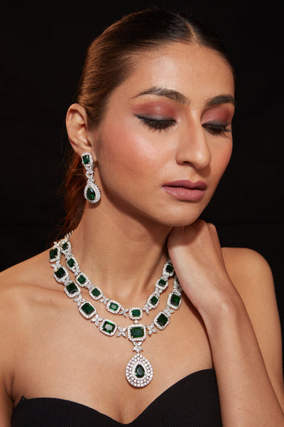 Rhodium Plated Zircon With Green Emerald Synthetic Stone Pendant Necklace & Drop Earrings Set - VN263