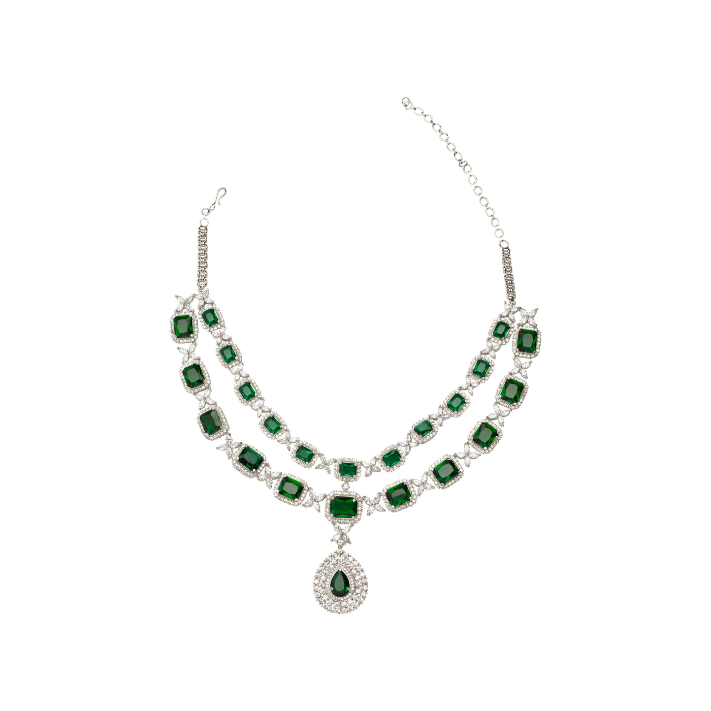 Rhodium Plated Zircon With Green Emerald Synthetic Stone Pendant Necklace & Drop Earrings Set - VN263