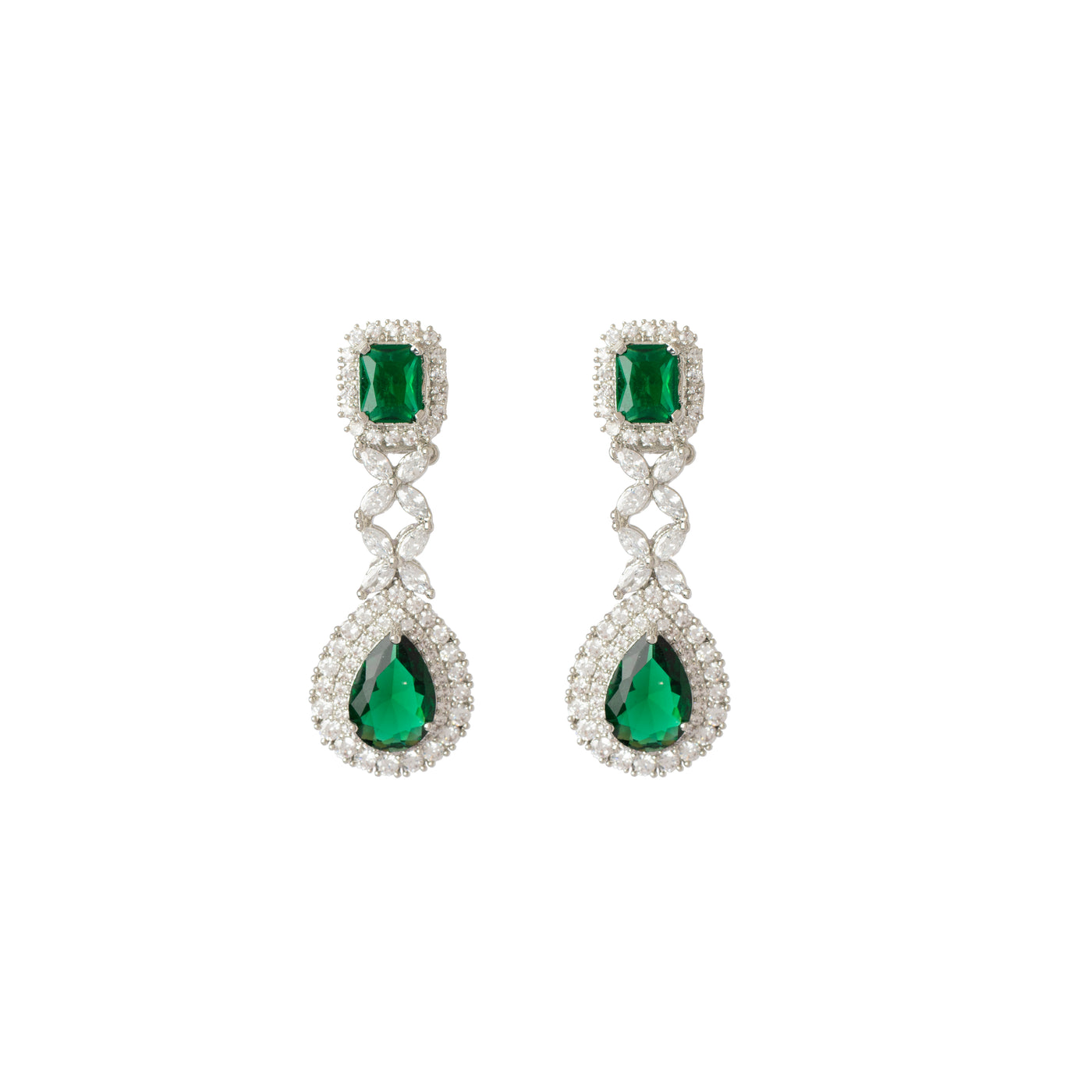 Rhodium Plated Zircon With Green Emerald Synthetic Stone Pendant Necklace & Drop Earrings Set - VN263