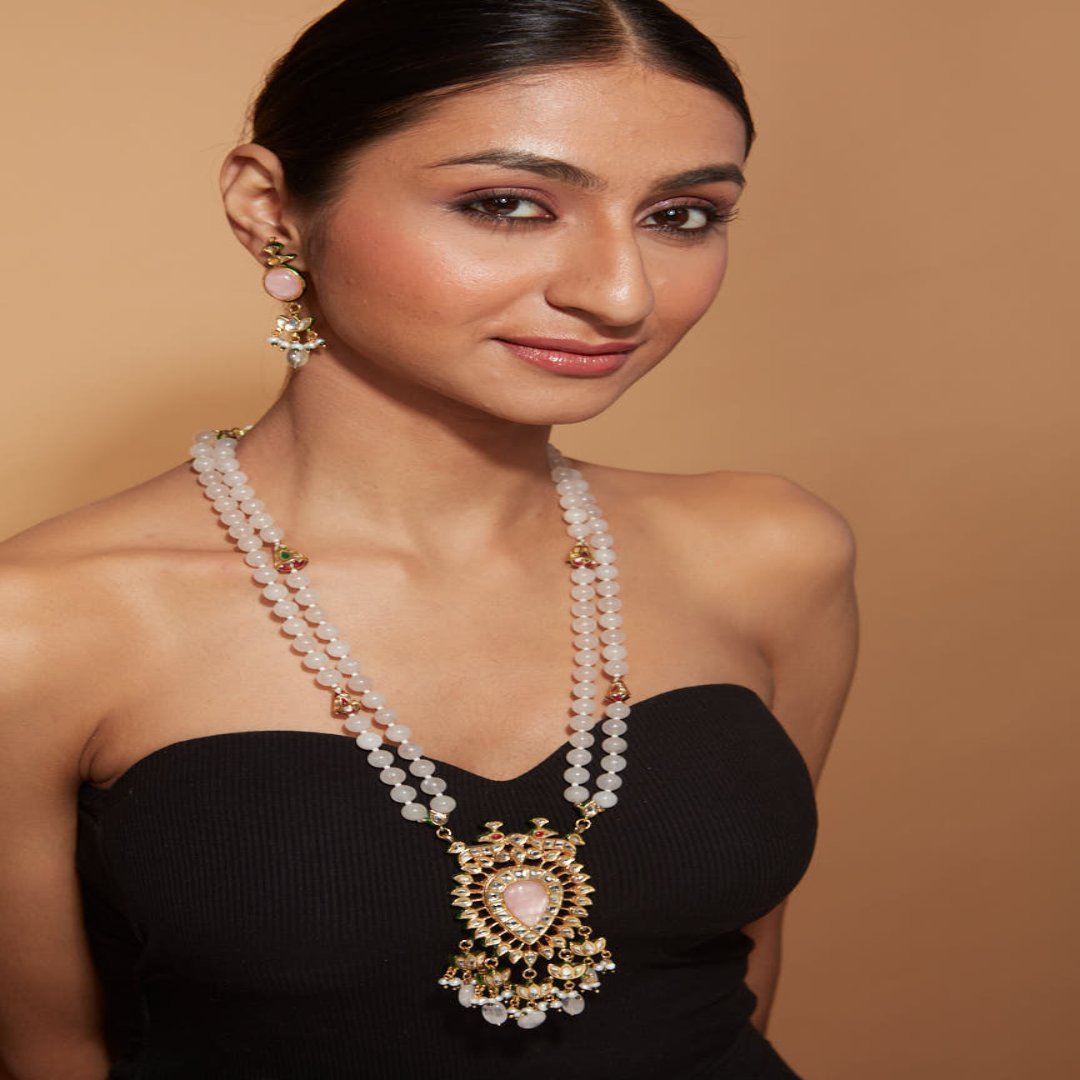 Gold Plated Beads With Pendant Long Necklace & Dangle Earrings Set-VN379