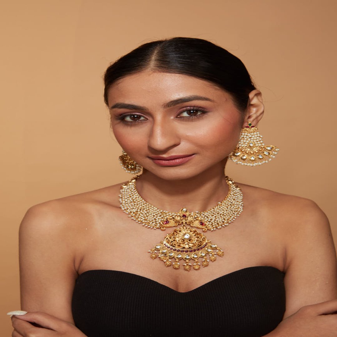 Gold Plated Beads Studded Temple Choker Necklace & Drop Earrings Set-VN401