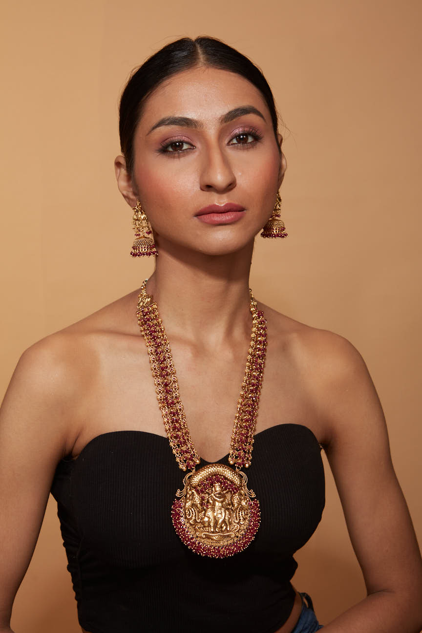 Gold Plated Red Temple Long Necklace & Jhumka Earring Set- VN402