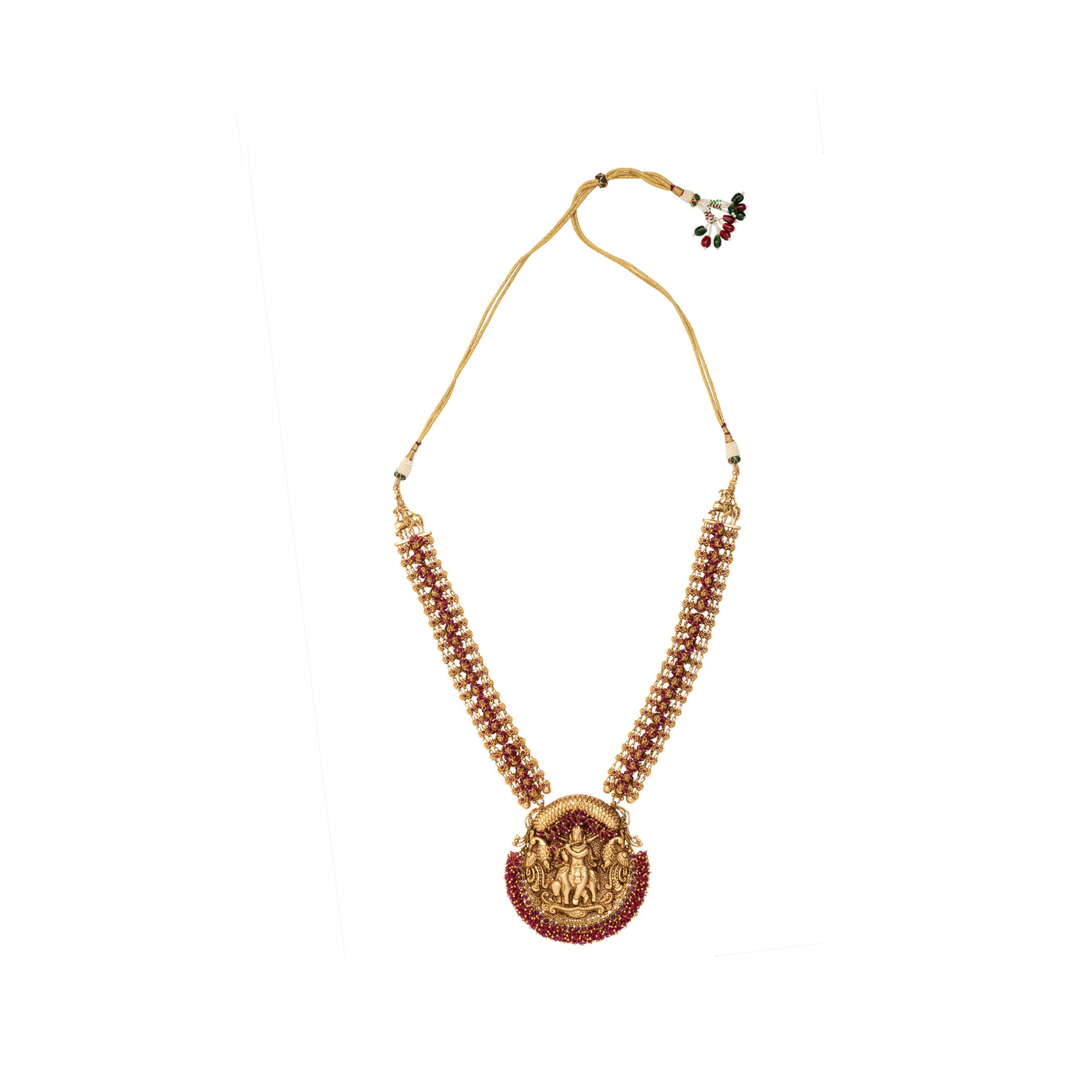 Gold Plated Red Temple Long Necklace & Jhumka Earring Set- VN402