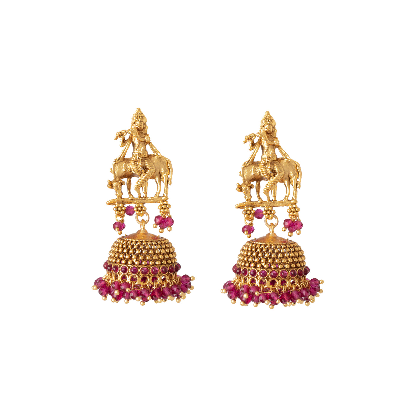 Gold Plated Red Temple Long Necklace & Jhumka Earring Set- VN402