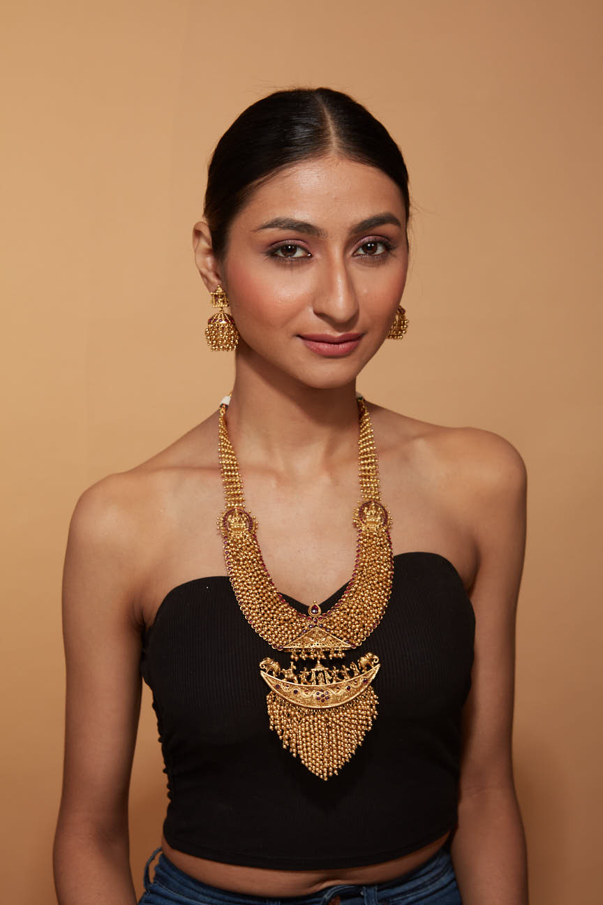 Gold Plated Temple Long Necklace & Jhumka Earring Set- VN403