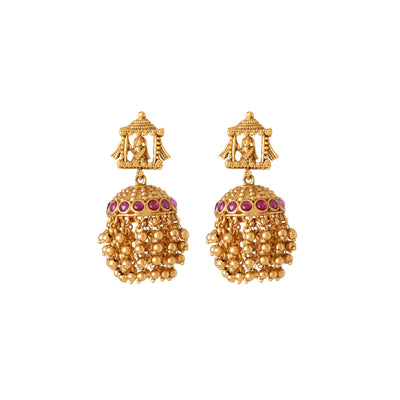 Gold Plated Temple Long Necklace & Jhumka Earring Set- VN403