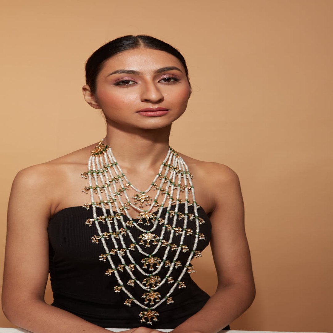 Gold Plated Kundan & Beads Multi Layered Necklace-VN406