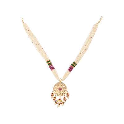 Gold Plated Kundan Studded With Beads Necklace & Earrings Set-VN409